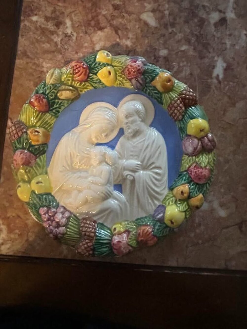 Vintage Italian Della Robbia Style Holy Family Ceramic Wall Plaque
